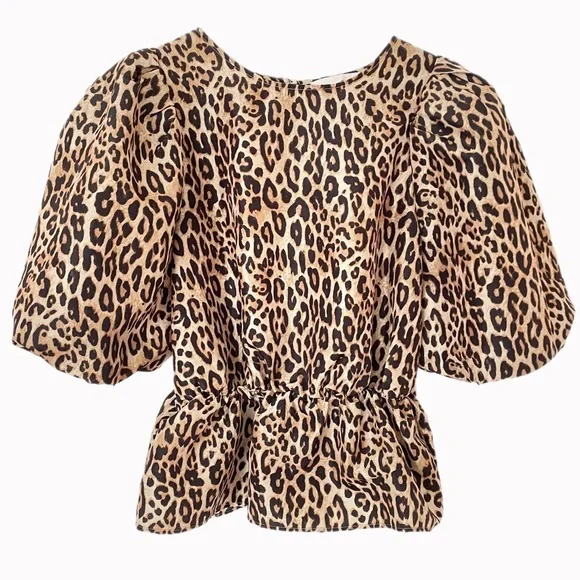 H&M Tops Hm Puffy Sleeve Leopard Print Peplum Top Sz M Poshmark